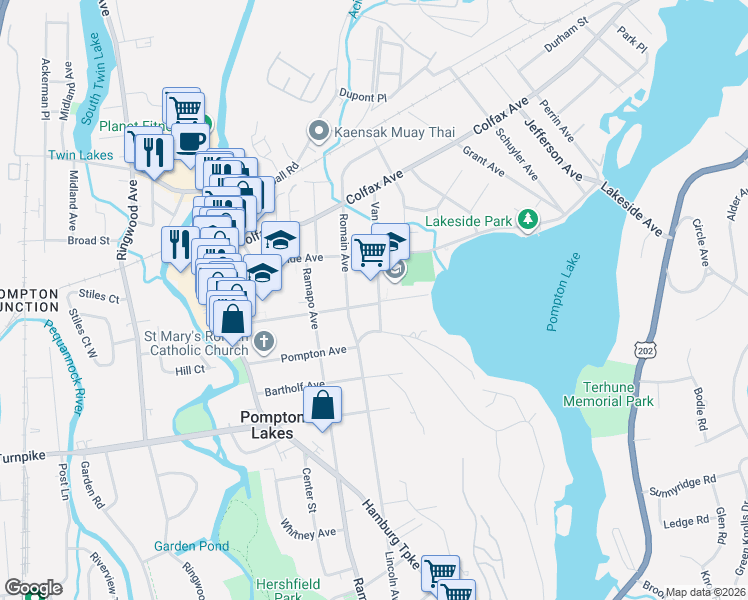 map of restaurants, bars, coffee shops, grocery stores, and more near 301 Van Avenue in Pompton Lakes