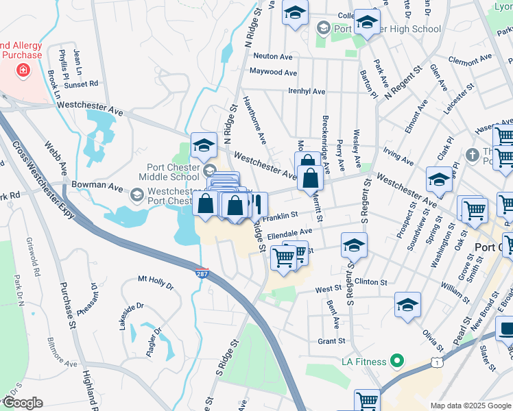 map of restaurants, bars, coffee shops, grocery stores, and more near 101 South Ridge Street in Rye Brook