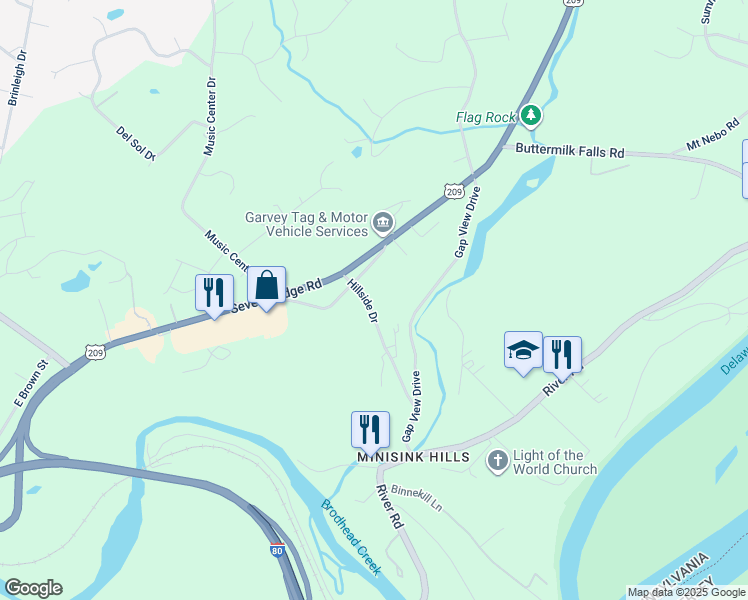 map of restaurants, bars, coffee shops, grocery stores, and more near 1113 Hillside Drive in East Stroudsburg