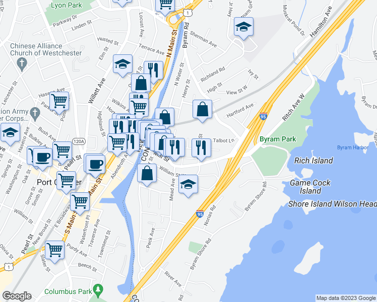 map of restaurants, bars, coffee shops, grocery stores, and more near 110 Pine Street in Greenwich