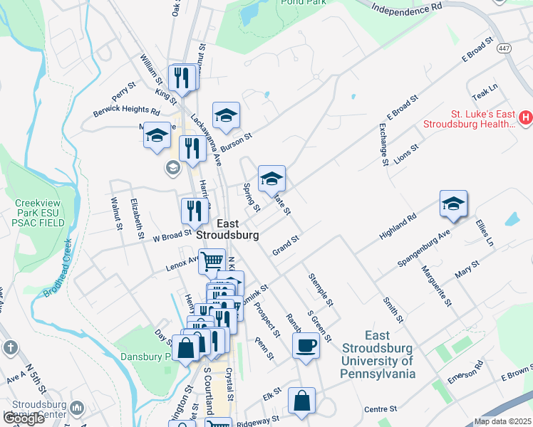 map of restaurants, bars, coffee shops, grocery stores, and more near 109 East Broad Street in East Stroudsburg