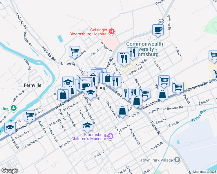 map of restaurants, bars, coffee shops, grocery stores, and more near 215 East 3rd Street in Bloomsburg