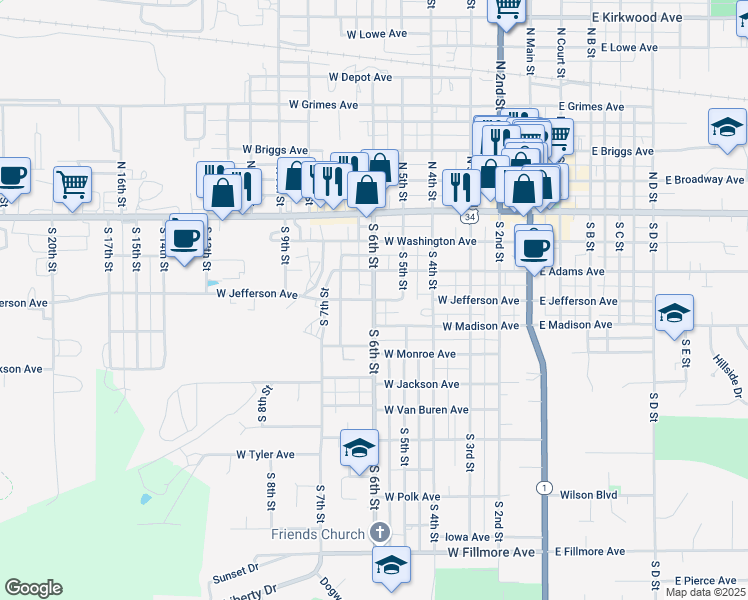 map of restaurants, bars, coffee shops, grocery stores, and more near 601 West Jefferson Avenue in Fairfield