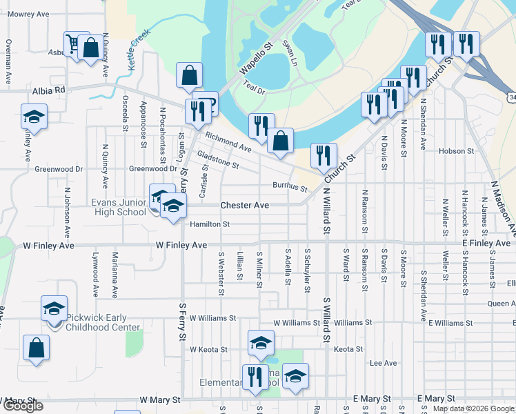 map of restaurants, bars, coffee shops, grocery stores, and more near 499 Chester Ave in Ottumwa