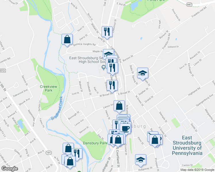 map of restaurants, bars, coffee shops, grocery stores, and more near 182 Grove Street in East Stroudsburg