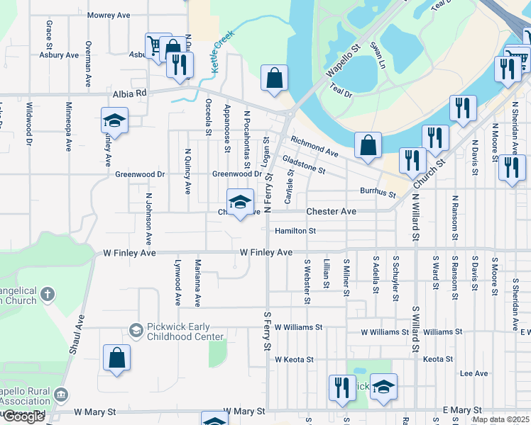 map of restaurants, bars, coffee shops, grocery stores, and more near 812 Chester Avenue in Ottumwa