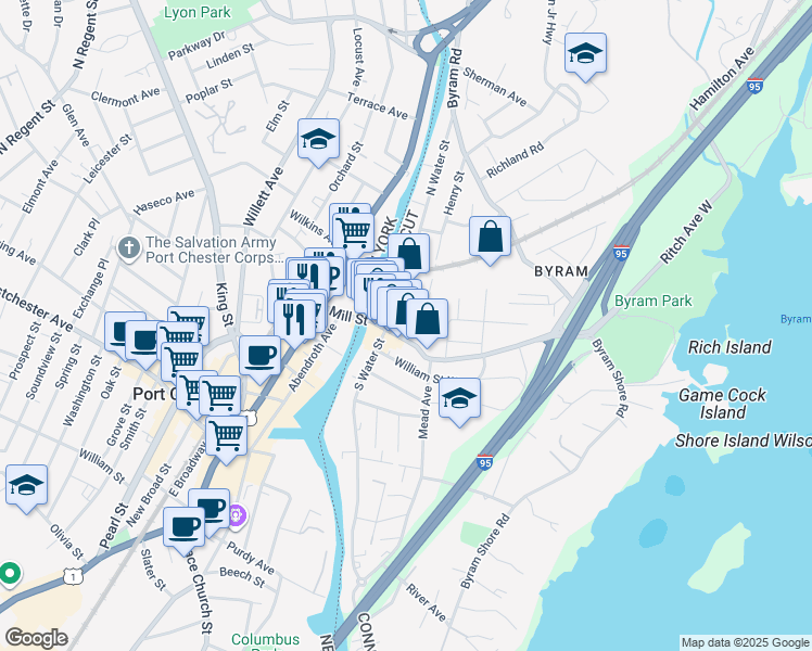 map of restaurants, bars, coffee shops, grocery stores, and more near 6 North Water Street in Greenwich
