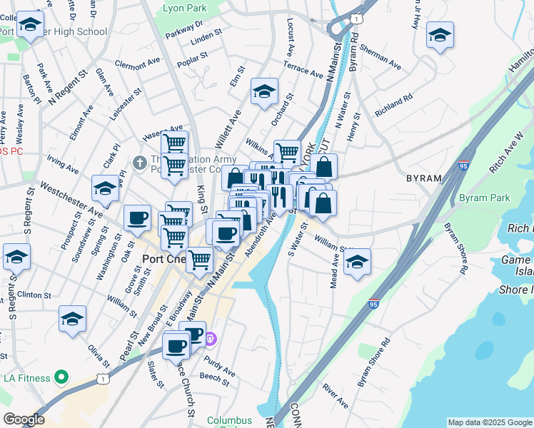 map of restaurants, bars, coffee shops, grocery stores, and more near 172A North Main Street in Port Chester