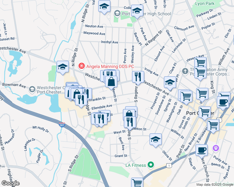 map of restaurants, bars, coffee shops, grocery stores, and more near 17 Merritt Street in Port Chester