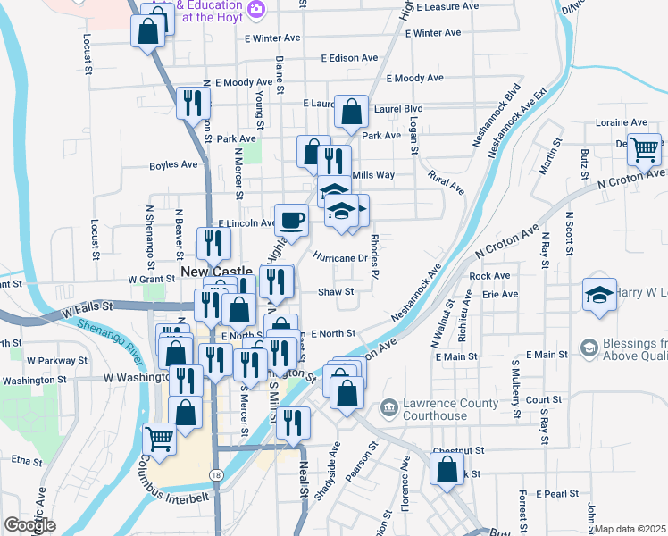 map of restaurants, bars, coffee shops, grocery stores, and more near 320 Reis Street in New Castle