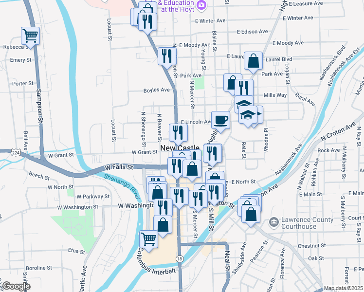 map of restaurants, bars, coffee shops, grocery stores, and more near 306 North Jefferson Street in New Castle
