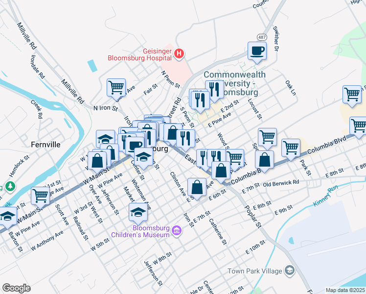 map of restaurants, bars, coffee shops, grocery stores, and more near 315 East 3rd Street in Bloomsburg