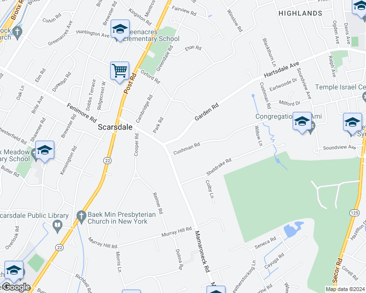 map of restaurants, bars, coffee shops, grocery stores, and more near 15 Cushman Road in Scarsdale