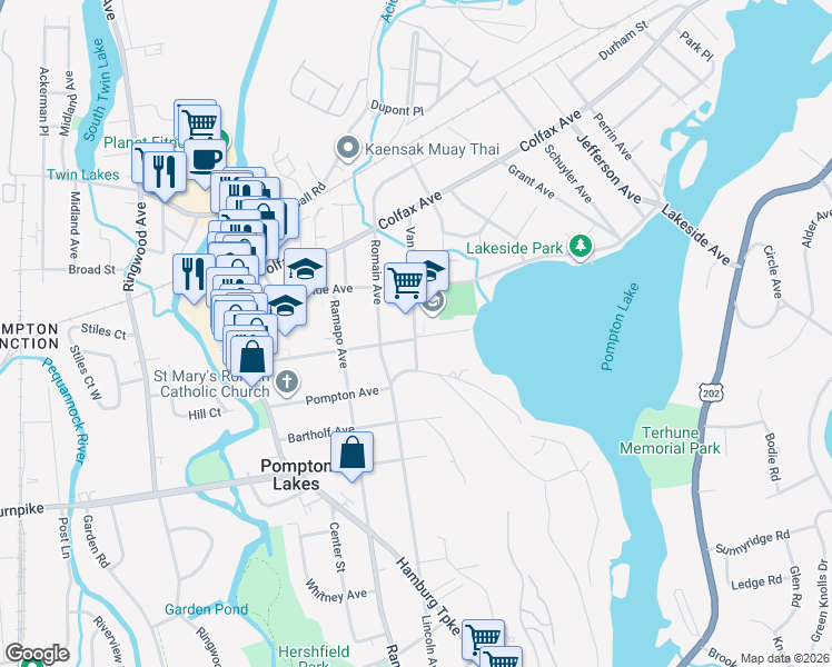 map of restaurants, bars, coffee shops, grocery stores, and more near 301 Van Avenue in Pompton Lakes