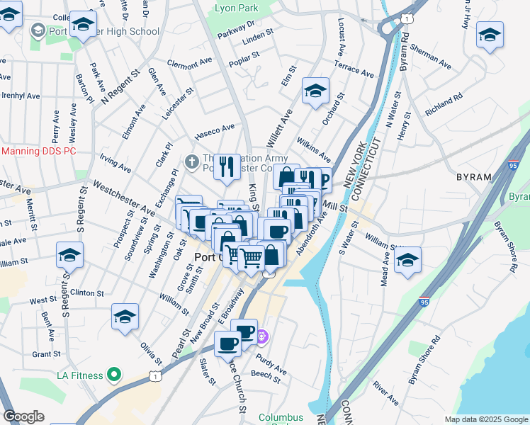 map of restaurants, bars, coffee shops, grocery stores, and more near 143 Willett Avenue in Port Chester