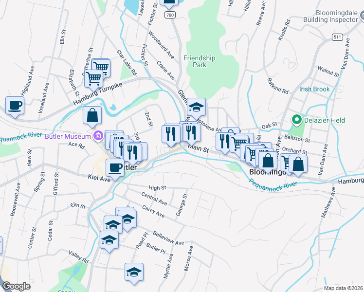 map of restaurants, bars, coffee shops, grocery stores, and more near 142 Main Street in Bloomingdale