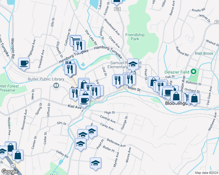 map of restaurants, bars, coffee shops, grocery stores, and more near 42 Main Street in Butler