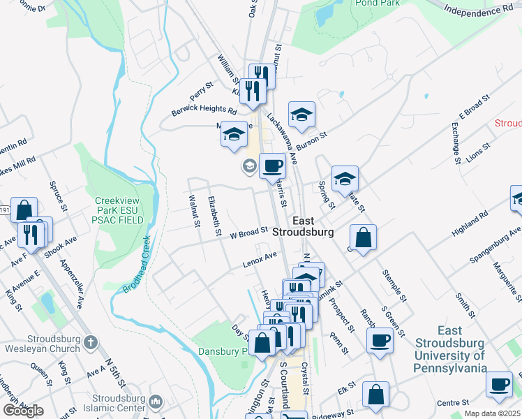 map of restaurants, bars, coffee shops, grocery stores, and more near 182 Grove Street in East Stroudsburg