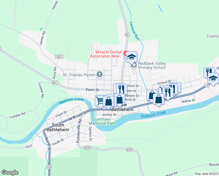 map of restaurants, bars, coffee shops, grocery stores, and more near 301 Penn Street in New Bethlehem