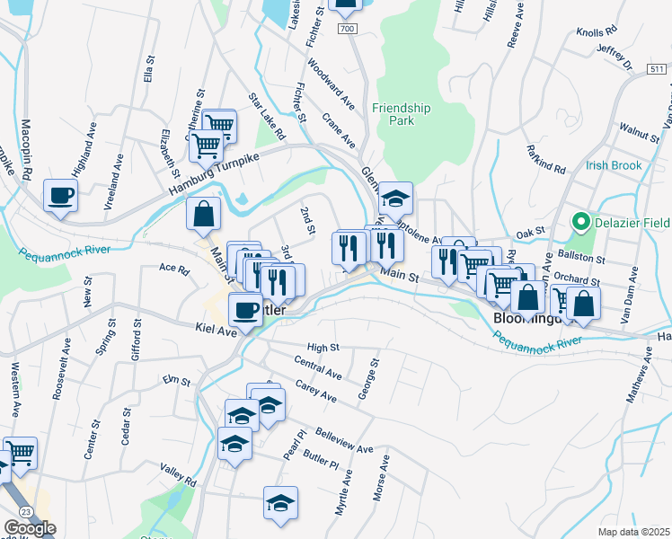 map of restaurants, bars, coffee shops, grocery stores, and more near 112 Arch Street in Butler
