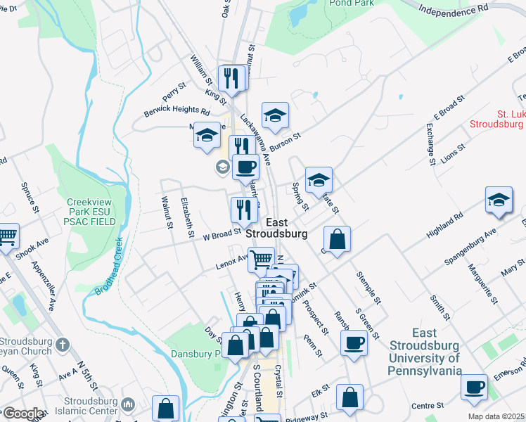 map of restaurants, bars, coffee shops, grocery stores, and more near 173 Meyers Street in East Stroudsburg