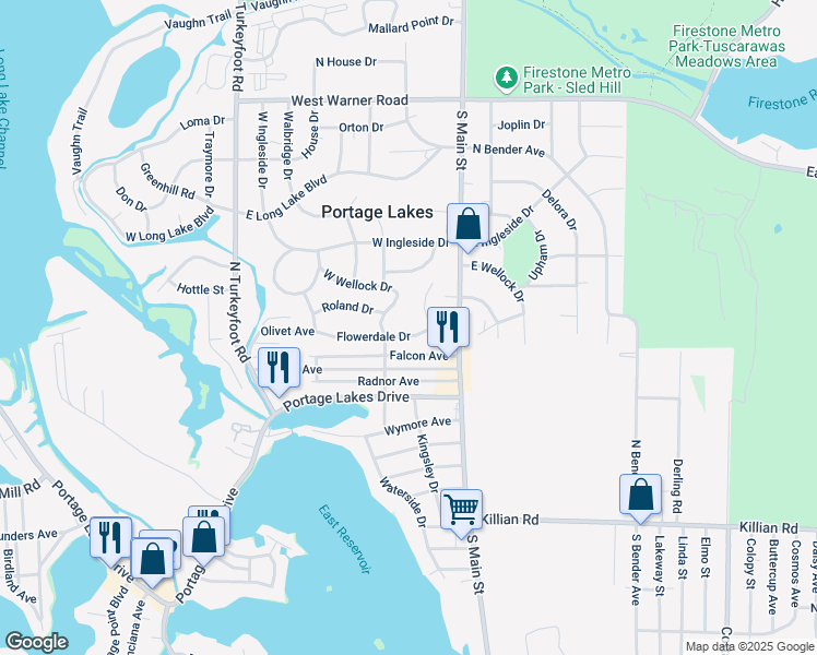 map of restaurants, bars, coffee shops, grocery stores, and more near 69 Flowerdale Drive in Akron