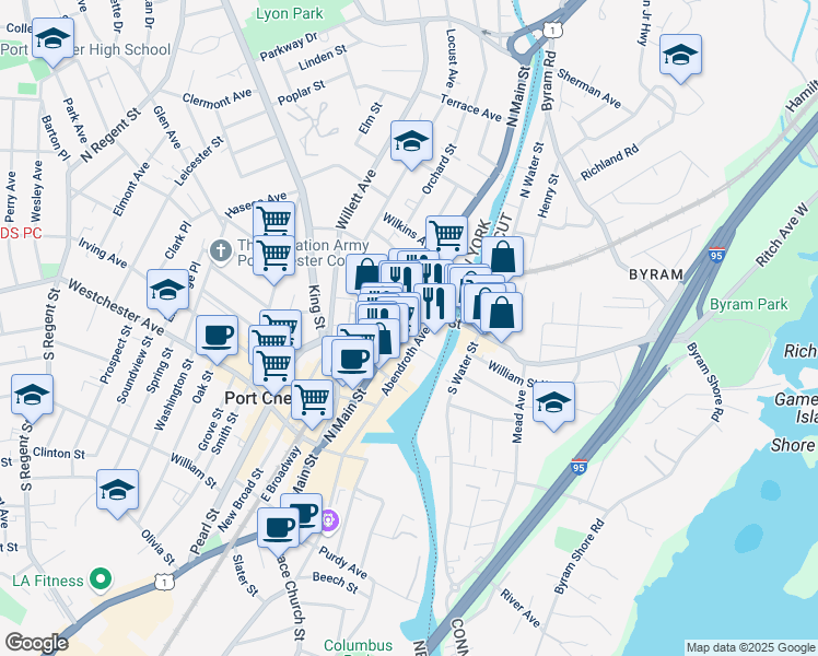 map of restaurants, bars, coffee shops, grocery stores, and more near 172A North Main Street in Port Chester
