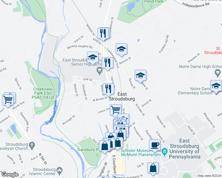 map of restaurants, bars, coffee shops, grocery stores, and more near 180 North Courtland Street in East Stroudsburg