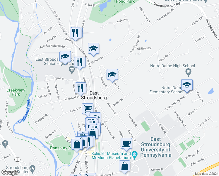 map of restaurants, bars, coffee shops, grocery stores, and more near 109 East Broad Street in East Stroudsburg