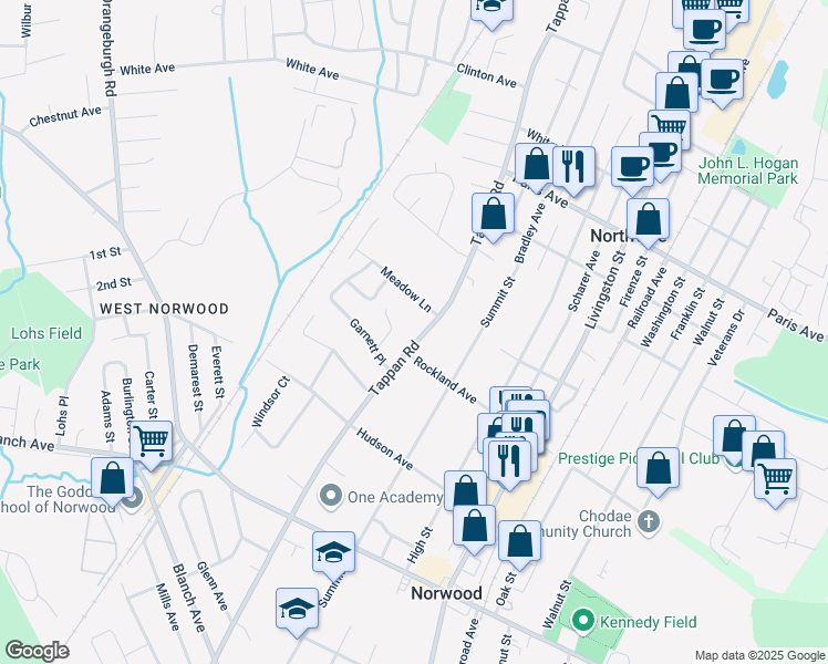 map of restaurants, bars, coffee shops, grocery stores, and more near 433 Tappan Road in Norwood