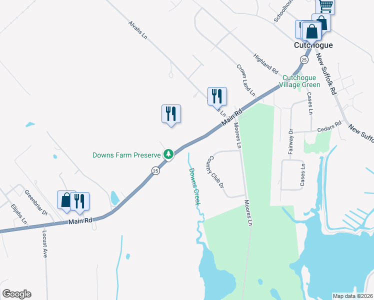 map of restaurants, bars, coffee shops, grocery stores, and more near 24065 Main Road in Cutchogue