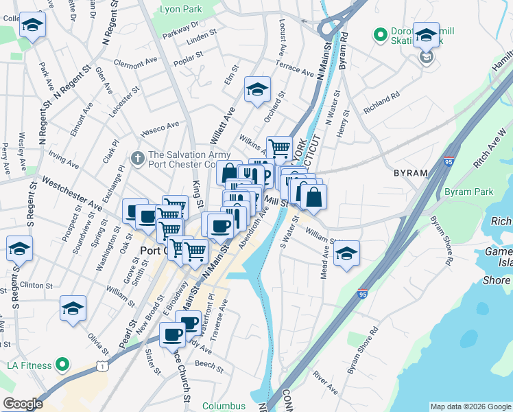 map of restaurants, bars, coffee shops, grocery stores, and more near 172A North Main Street in Port Chester