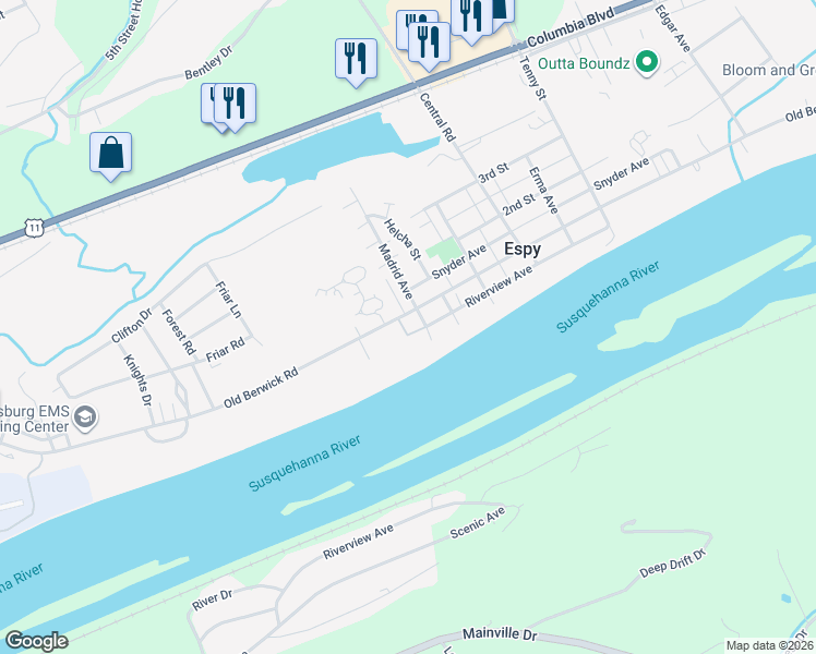 map of restaurants, bars, coffee shops, grocery stores, and more near 2138 Old Berwick Rd in Bloomsburg