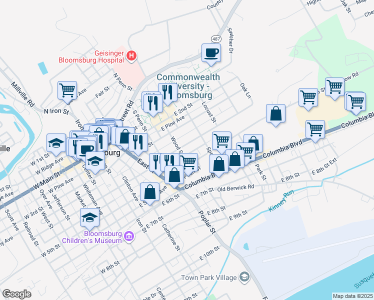 map of restaurants, bars, coffee shops, grocery stores, and more near 512 East 4th Street in Bloomsburg