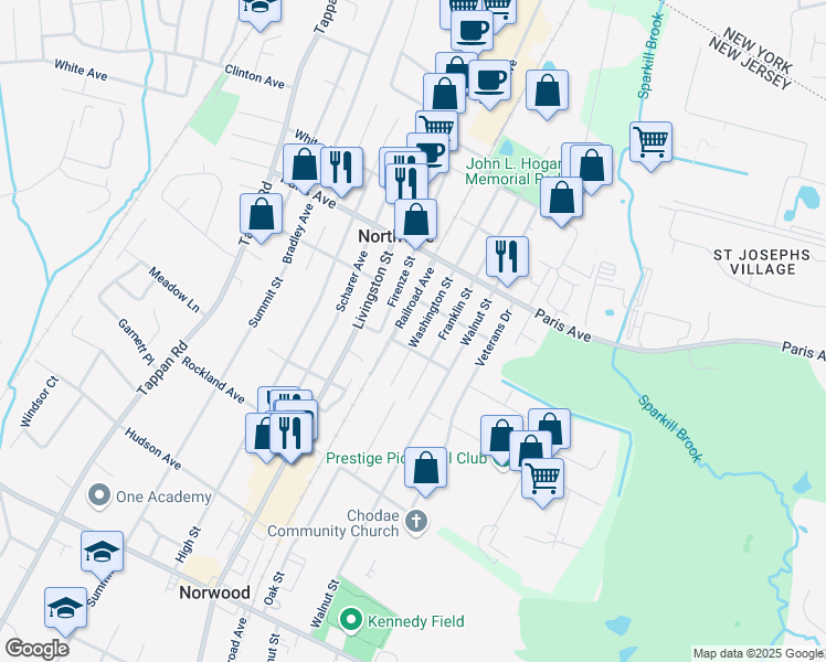 map of restaurants, bars, coffee shops, grocery stores, and more near 179 Washington Street in Northvale