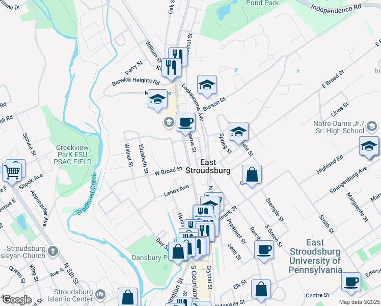 map of restaurants, bars, coffee shops, grocery stores, and more near 186 North Courtland Street in East Stroudsburg