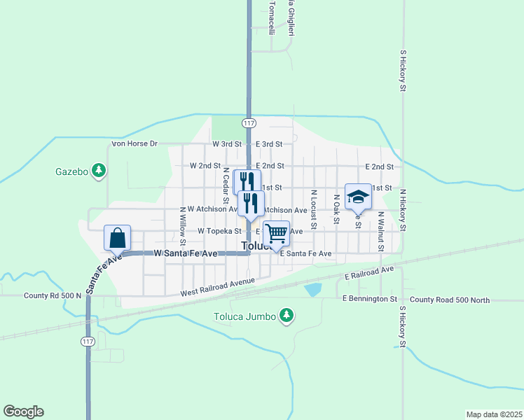 map of restaurants, bars, coffee shops, grocery stores, and more near 309 North Olive Street in Toluca