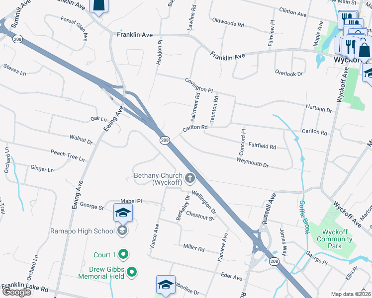 map of restaurants, bars, coffee shops, grocery stores, and more near 502 Weymouth Drive in Wyckoff