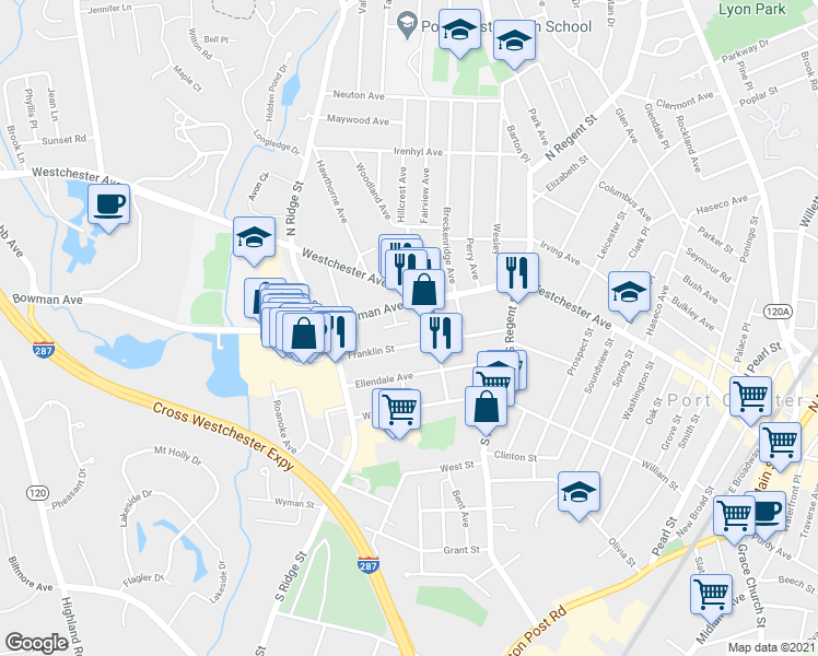 map of restaurants, bars, coffee shops, grocery stores, and more near 2 Osborne Place in Port Chester