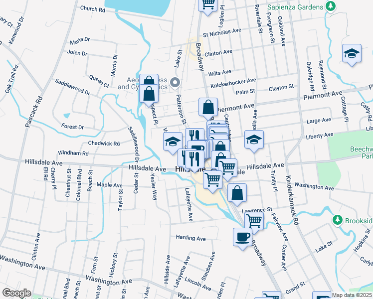 map of restaurants, bars, coffee shops, grocery stores, and more near 67 Patterson Street in Hillsdale