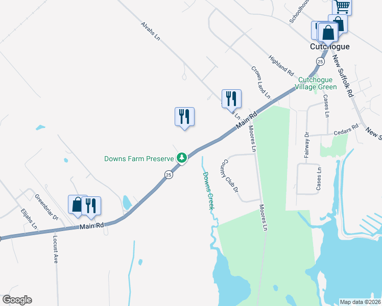 map of restaurants, bars, coffee shops, grocery stores, and more near 24065 Main Road in Cutchogue