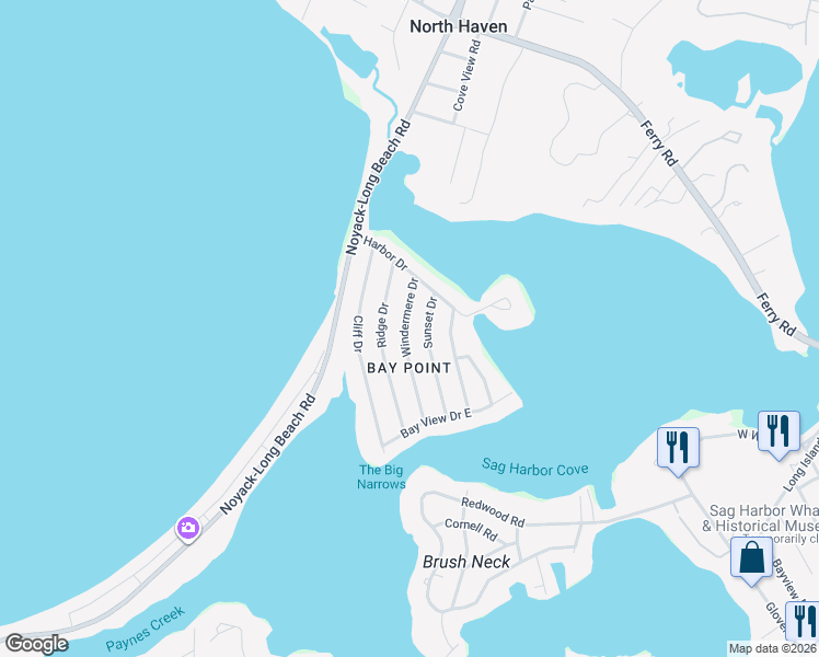map of restaurants, bars, coffee shops, grocery stores, and more near 24 Windermere Drive in Sag Harbor