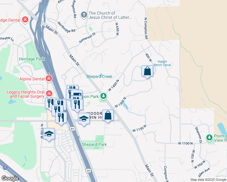 map of restaurants, bars, coffee shops, grocery stores, and more near 645 West Farmington Drive North in Farmington