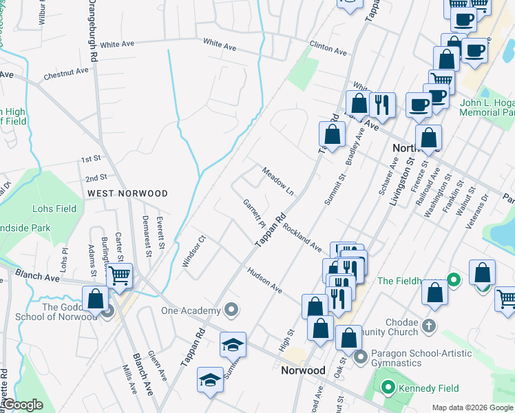 map of restaurants, bars, coffee shops, grocery stores, and more near 8 Garnett Place in Norwood