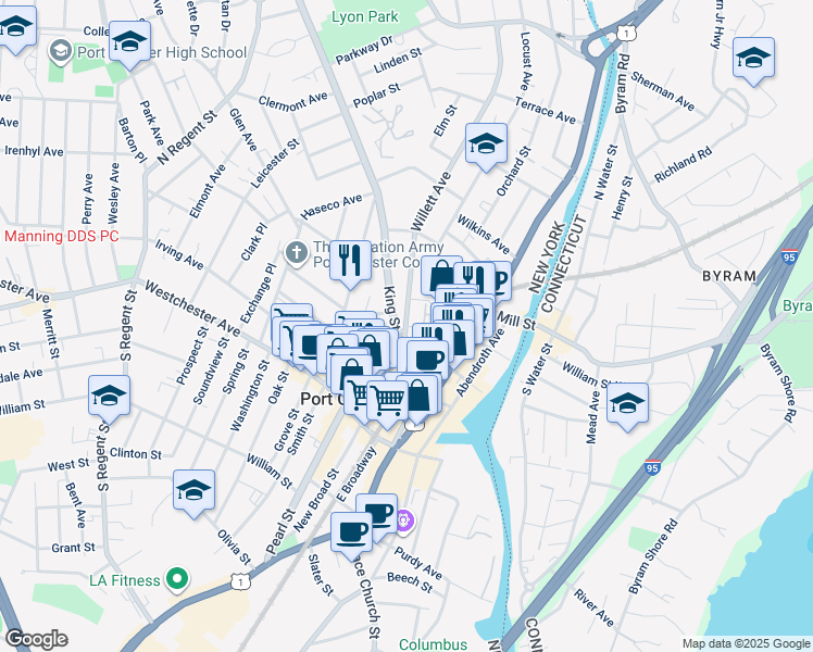map of restaurants, bars, coffee shops, grocery stores, and more near 201 Willett Avenue in Port Chester