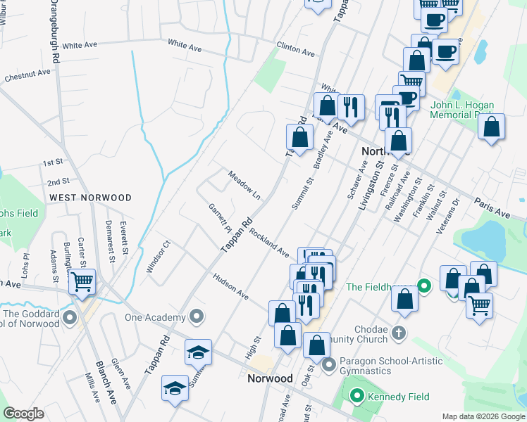 map of restaurants, bars, coffee shops, grocery stores, and more near 446 Tappan Road in Norwood