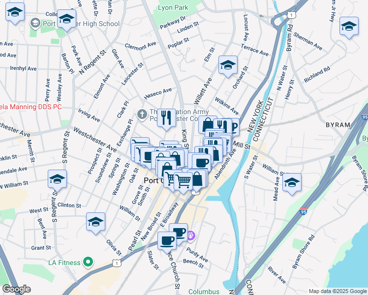 map of restaurants, bars, coffee shops, grocery stores, and more near 143 Willett Avenue in Port Chester