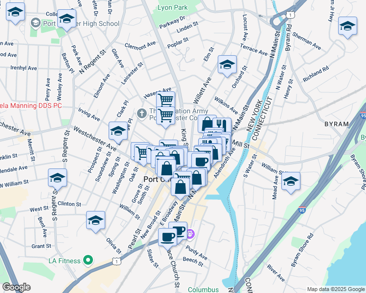 map of restaurants, bars, coffee shops, grocery stores, and more near 143 Willett Avenue in Port Chester