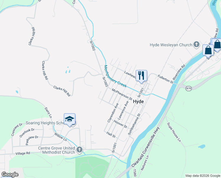 map of restaurants, bars, coffee shops, grocery stores, and more near 1606 McPhearson Street in Clearfield