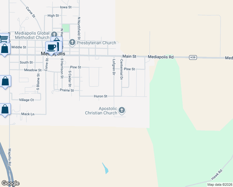 map of restaurants, bars, coffee shops, grocery stores, and more near 205 Centennial Drive in Mediapolis